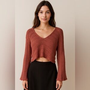 Urban Outfitters UO Tahiti Bell-Sleeve Fringe Sweater – XS – Mauve Pink